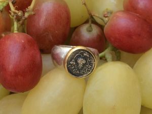 Zilveren pinkring met gegoten muntje in gouden kastje